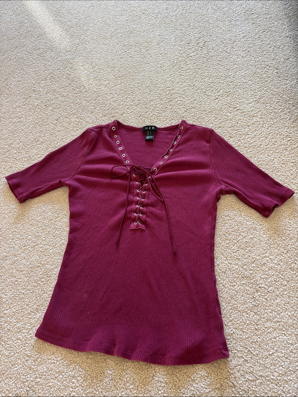 U2B Burgundy Ribbed Lace-Up Short Sleeve Top